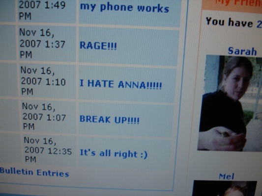 A computer screen displays a series of emotional social media posts with subject lines such as "Rage!!!", "I HATE ANNA!!!!!", and "It's all right : )".
