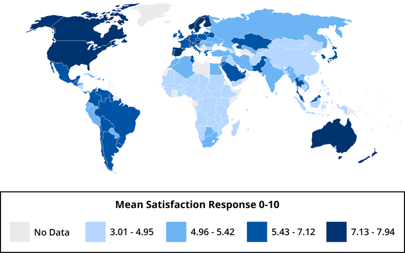 Map showing mean satisfaction responses worldwide---highest responses come from North America, Australia, Scandinavia and Spain, and lowest from China and most of Sub-Saharan Africa.
