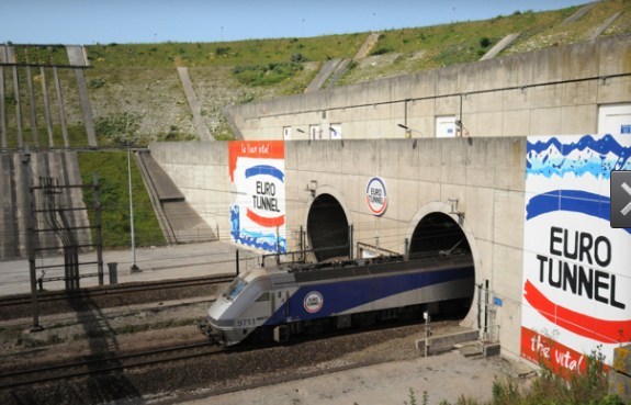 A train exits the Channel Tunnel.