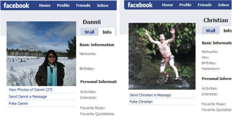 Two Facebook profiles. Danni is a Hong-Kong Chinese woman. Her profile photo shows her standing placidly in a snow covered field with the hint of a smile on her face. In contrast, is the Facebook profile of Christian. He is a European-American man. His profile photo shows him dressed only in shorts and sandals as he jumps into a lake. Christian is shouting and waving his arms as he jumps. 