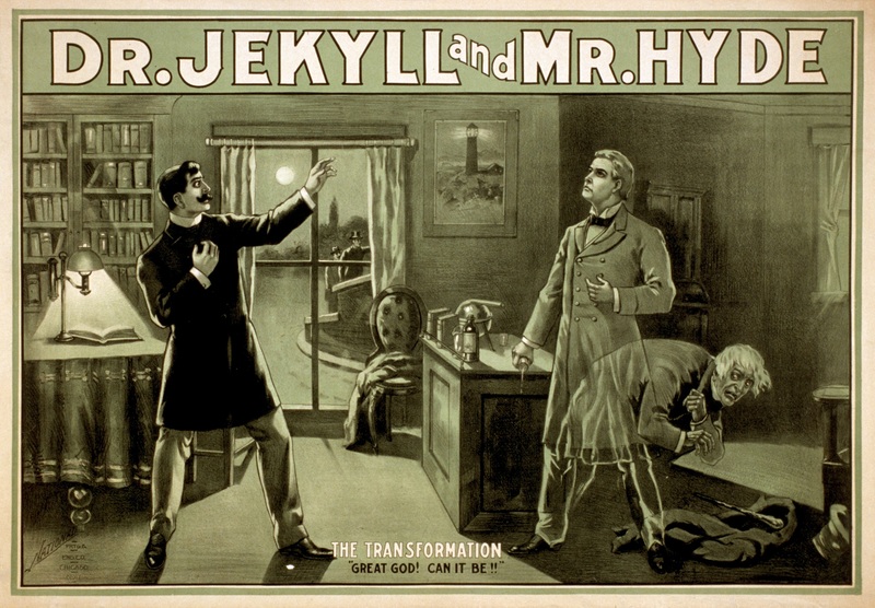 A promotional poster for Robert Louis Stevenson's story The Strange Case of Dr Jekyll and Mr Hyde. The story's portrayal of a split personality has become synonymous with multiple personalities in both lay and scientific literature.