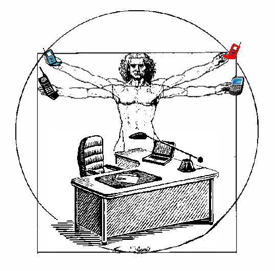 A version of Leonardo DaVinci's "Vetruvian Man" illustration. The vetruvian man is standing behind and office desk holding a mobile phone in each of his four hands.