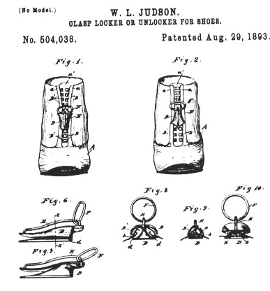 Original drawings submitted to US Patent Office for the invention called the clasp locker. The zippers are shown on a pair of shoes where laces would normally be.