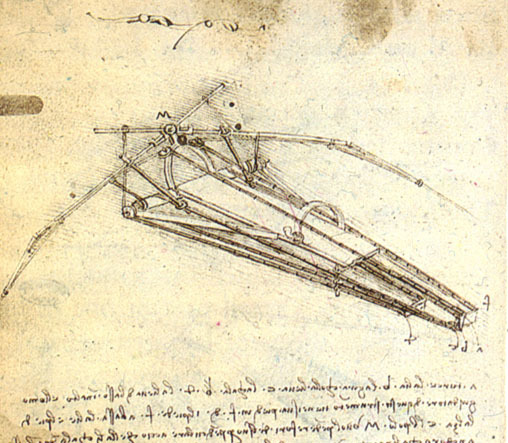 A sketch in one of Leonardo Da Vinci's notebooks of a design for a flying machine.