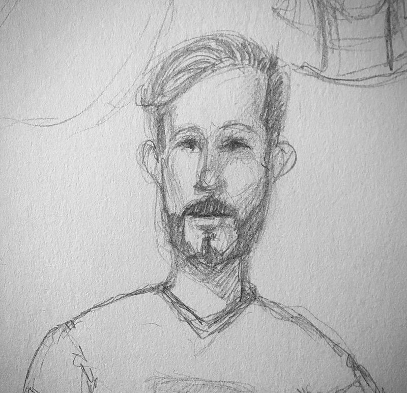 A pencil sketch self-portrait of a young man.