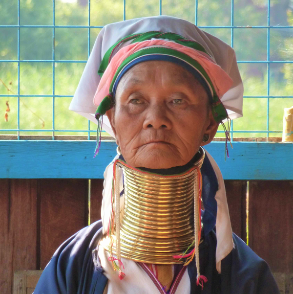 An older Kayan woman (Myanmar) wears traditional clothing and brass rings around her neck. The rings produce the impression that the neck is longer than normal.