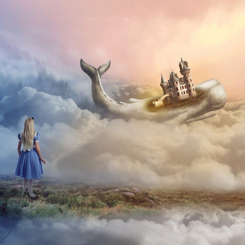 A painting of a dream scene - a girl looks into the clouds at a whale with a castle on its back.