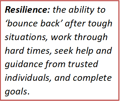 Resilience: The ability to 'bounce back' after tough situations, work through hard times, seek help and guidance from trusted individuals and complete goals.