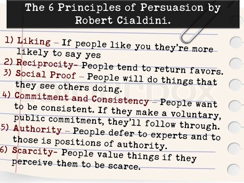 The Six Principles of Persuasion by Robert Cialdini - 1) Liking, 2) Reciprocity, 3) Social Proof, 4) Commitment and Consistency, 5) Authority, 6) Scarcity