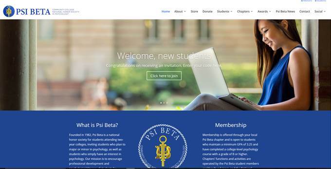 A screengrab of Psi Beta's Welcome Page. Contains a "Welcome Students" banner and various collections of information such as "What is Psi Beta" and "Membership"