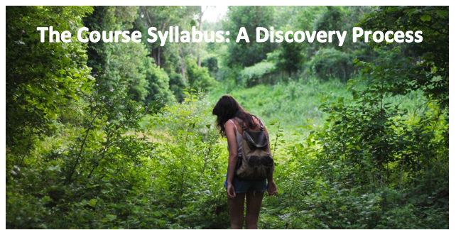 A photo of a woman walking in the woods and a caption on the photo that reads: "The course syllabus: A discovery process