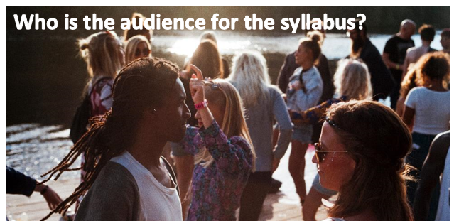 Young people conversing. The image caption reads: "Who is the audience for the syllabus?"