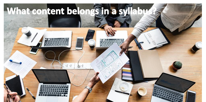 People passing papers to one another over a table filled with laptops, other papers and coffee containers. The image captions reads: "What content belongs in a syllabus?"
