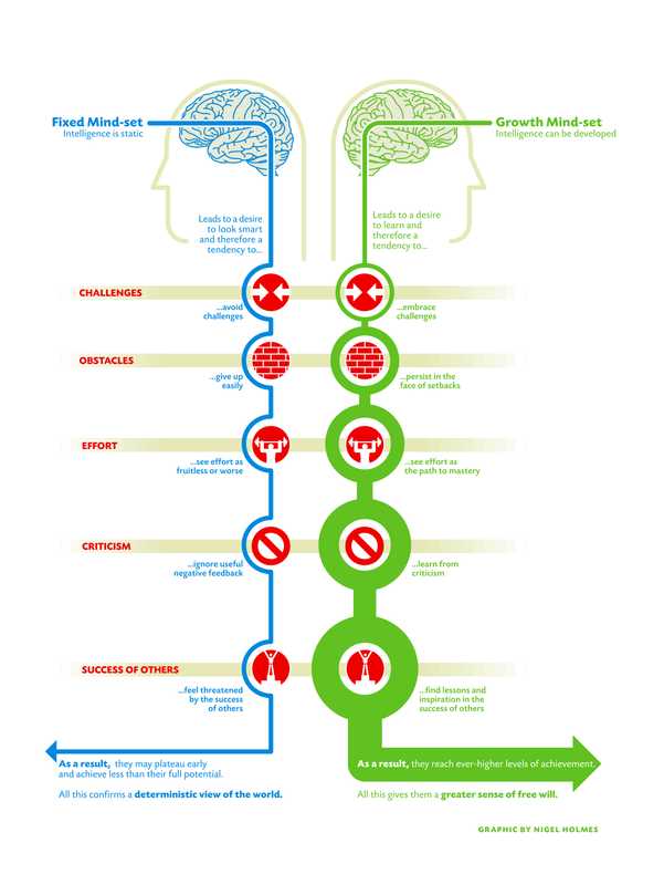 An image depicting a Fixed vs Growth Mindset and the challenges, obstacles, effort, criticism and success of others and how those differ between the two mindsets. 