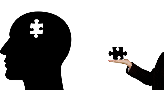 An image with an outline of a head with a puzzle piece missing and a hand on the other side of the image holding a puzzle piece.