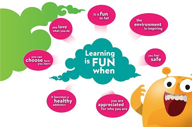A poster that reads "Learning is fun when" Providing these responses: "You can choose when you learn", “you love what you do”, “it is fun to fail”, “the environment is inspiring”, “you feel safe”, “you are appreciated for who you are”, “it becomes a healthy addiction”. 
