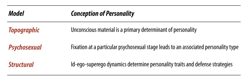 Existen diversas concepciones de la personalidad en la teoría psicodinámica. En el modelo topográfico, se cree que los pensamientos inconscientes influyen en la personalidad. En el modelo psico-sexual, se piensa que la fijación durante las etapas de desarrollo influye en la personalidad. En el modelo estructural, se piensa que el Id, el ego y el súper ego influyen tanto en los mecanismos de defensa como en la personalidad.