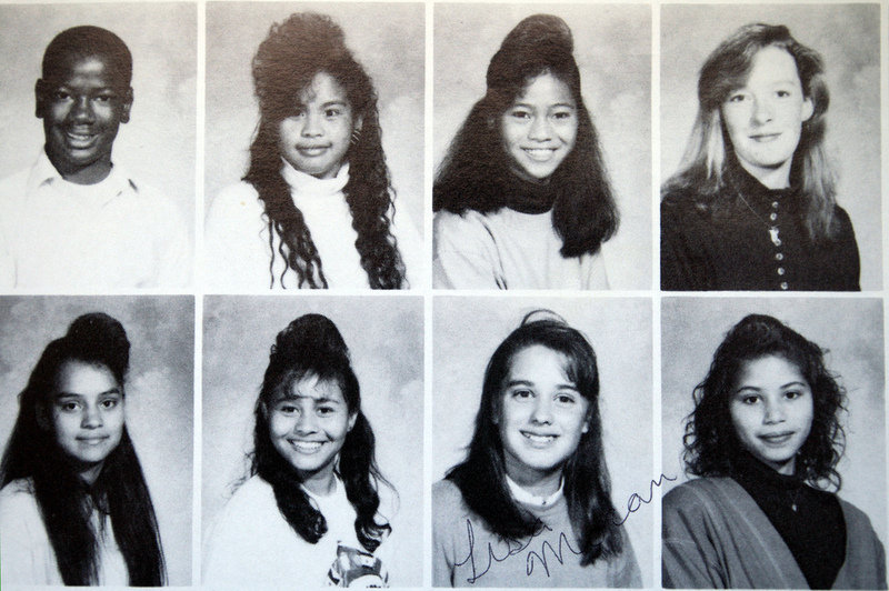 A high school yearbook shows a very similar hairstyle for nearly every young woman in the class.