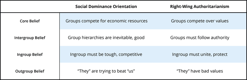 Esta tabla explica la diferencia entre una orientación de dominio social y un autoritarismo de derecha. Donde los autoritarios tienen más probabilidades de ver que la competencia se trata de diferencias de valores, y los miembros de fuera del grupo como que tienen “malos valores”, las personas con una alta orientación de dominio social creen algo diferente. Creen que los grupos compiten por los recursos y que esta competencia es inevitable. Es probable que las personas con una alta orientación al dominio social crean que los miembros de fuera del grupo están “tratando de vencernos” pero no necesariamente son malas personas.