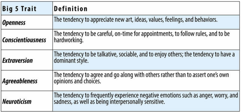 Apertura: La tendencia a apreciar el nuevo arte, ideas, valores, sentimientos y comportamientos. La escrupulosidad: La tendencia a ser cuidadosos, puntuales para las citas, a seguir reglas y a ser trabajadores. Extraversión: La tendencia a ser hablador, sociable y disfrutar de los demás; la tendencia a tener un estilo dominante. Amabilidad: La tendencia a estar de acuerdo e ir de acuerdo con los demás en lugar de afirmar las propias opiniones y elecciones. Neuroticismo: La tendencia a experimentar con frecuencia emociones negativas como ira, preocupación y tristeza, además de ser interpersonalmente sensible.