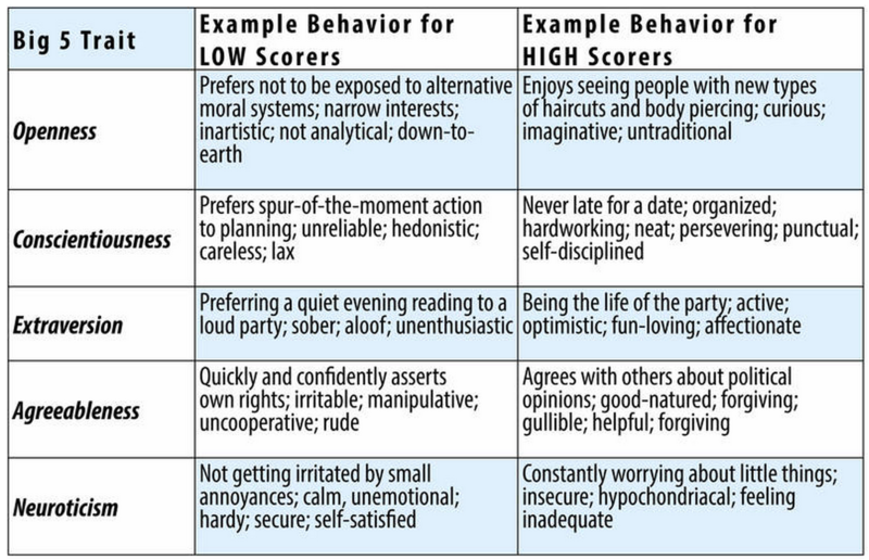 Example behavior for low scorers on Openness: Prefers not to be exposed to alternative moral systems; narrow interests; inartistic; not analytical; down-to-earth. Example behavior for high scorers on Openness: Enjoys seeing people with new types of haircuts and body piercing; curious; imaginative; untraditional. Example behavior for low scorers on Conscientiousness: Prefers spur of the moment action to planning; unreliable; hedonistic; careless; lax. Example behavior for high scorers on Conscientiousness: Never late for a date; organized; hardworking; neat; persevering; punctual; self-disciplined. Example behavior for low scorers on Extraversion: Preferring a quiet evening reading to a loud party; sober; aloof; unenthusiastic. Example behavior for high scorers on Extraversion: Being the life of the party; active; optimistic; fun-loving; affectionate. Example behavior for low scorers on Agreeableness: Quickly and confidently asserts own rights; irritable; manipulative; uncooperative; rude. Example behavior for high scorers on Agreeableness: Agrees with others about political opinions; good-natured; forgiving; gullible; helpful. Example behavior for low scorers on Neuroticism: Not getting irritated by small annoyances; calm, unemotional; hardy; secure; self-satisfied. Example behavior for high scorers on Neuroticism: Constantly worrying about little things; insecure; hypochondriacal; feeling inadequate.