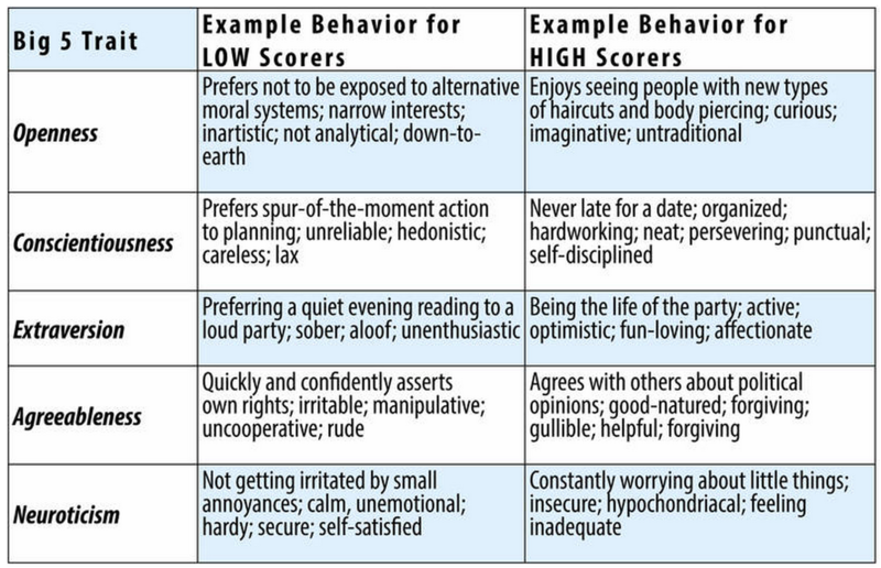 Example behavior for low scorers on Openness: Prefers not to be exposed to alternative moral systems; narrow interests; inartistic; not analytical; down-to-earth. Example behavior for high scorers on Openness: Enjoys seeing people with new types of haircuts and body piercing; curious; imaginative; untraditional. Example behavior for low scorers on Conscientiousness: Prefers spur of the moment action to planning; unreliable; hedonistic; careless; lax. Example behavior for high scorers on Conscientiousness: Never late for a date; organized; hardworking; neat; persevering; punctual; self-disciplined. Example behavior for low scorers on Extraversion: Preferring a quiet evening reading to a loud party; sober; aloof; unenthusiastic. Example behavior for high scorers on Extraversion: Being the life of the party; active; optimistic; fun-loving; affectionate. Example behavior for low scorers on Agreeableness: Quickly and confidently asserts own rights; irritable; manipulative; uncooperative; rude. Example behavior for high scorers on Agreeableness: Agrees with others about political opinions; good-natured; forgiving; gullible; helpful. Example behavior for low scorers on Neuroticism: Not getting irritated by small annoyances; calm, unemotional; hardy; secure; self-satisfied. Example behavior for high scorers on Neuroticism: Constantly worrying about little things; insecure; hypochondriacal; feeling inadequate.   