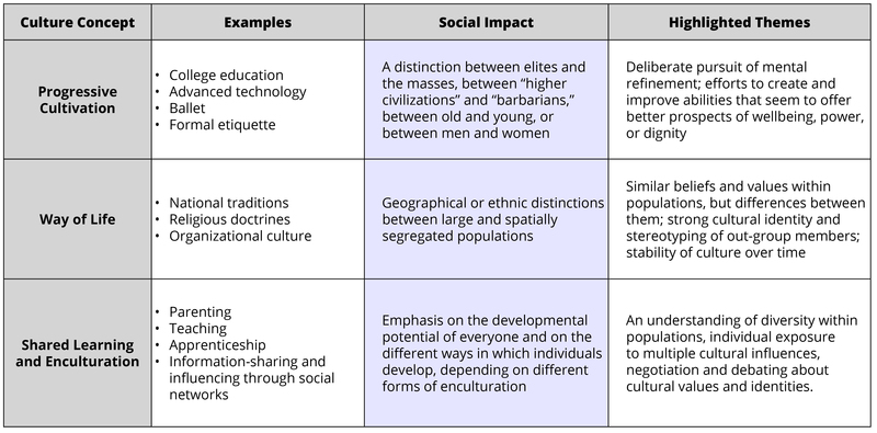 This table outlines 3 ways to view culture: as progressive cultivation, as a way of life, and as shared learning. Examples are given for each. These concepts are described in detail in the main text. 