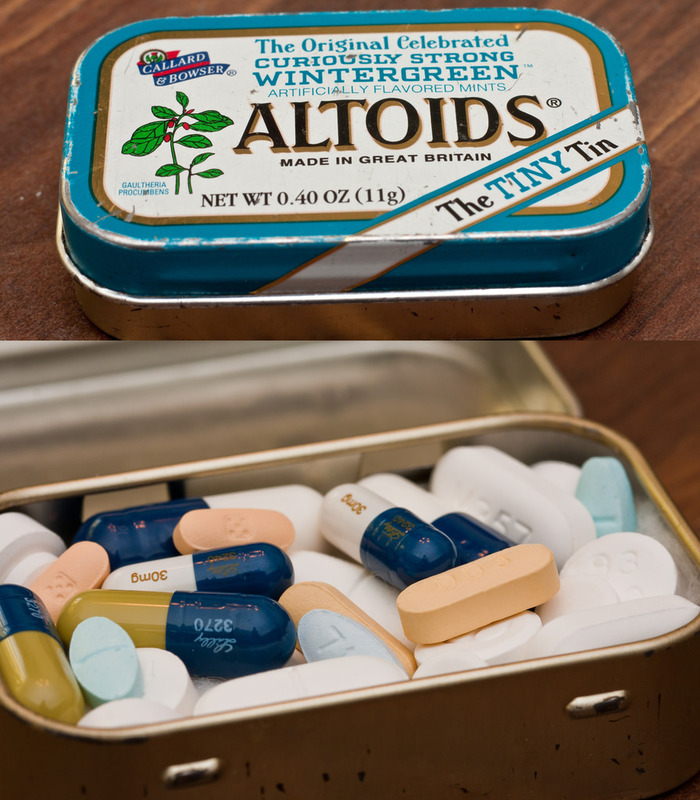 Prescription drugs are hidden in a breath mint tin.