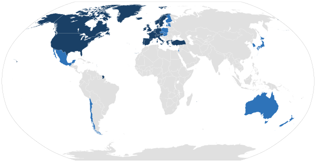 Un mapa de países de la OCDE descrito en el párrafo anterior.