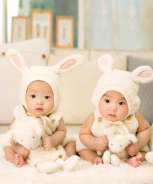 Los chicos gemelos se sientan juntos vestidos con ropa y sombreros a juego y sosteniendo peluches similares.