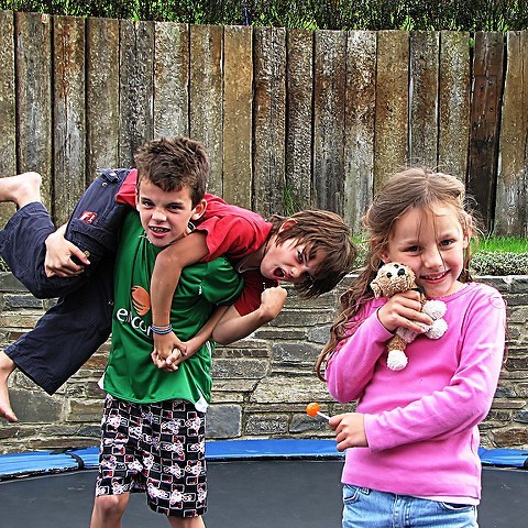 Two young boys wrestle in the yard as a girl stands by calmly holding a stuffed animal.