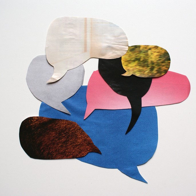 An artwork titled "Graphic Conversation" made up of speech balloons like those often used in cartoons. An artwork titled "Graphic Conversation" made up of speech balloons like those often used in cartoons.