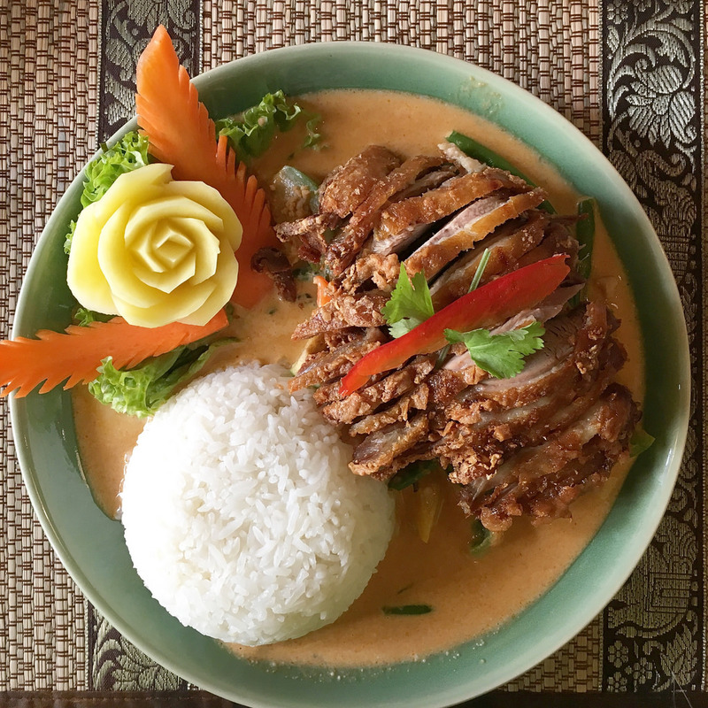 Una comida de pollo y arroz está bellamente arreglada en un plato.