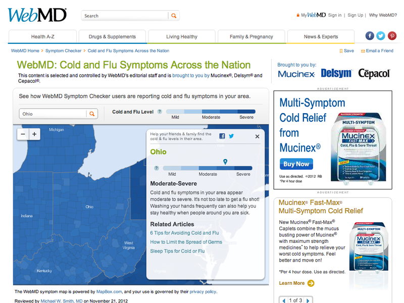 An example page of the website WebMD offering information about cold and flu season. An example page of the website WebMD offering information about cold and flu season.