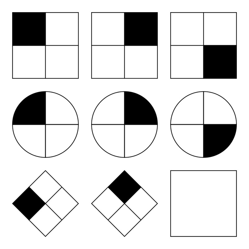 Patrones típicos 4x4 utilizados en la prueba de inteligencia Matrices de Cuervo. En cada ítem de prueba, se pide al sujeto identificar el elemento faltante que completa un patrón.