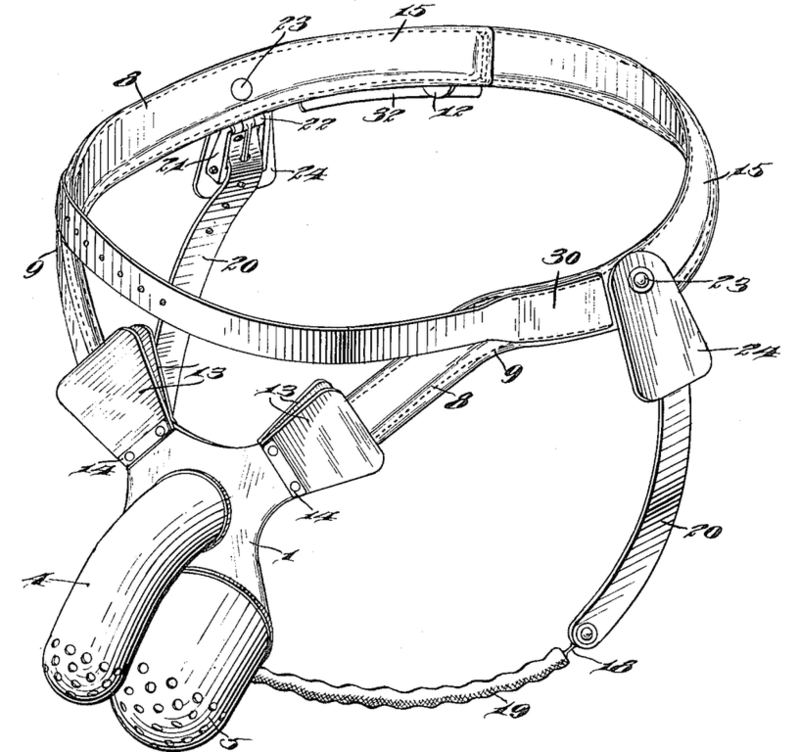 A technical drawing of an anti-masturbation chastity belt with key components numbered for reference.