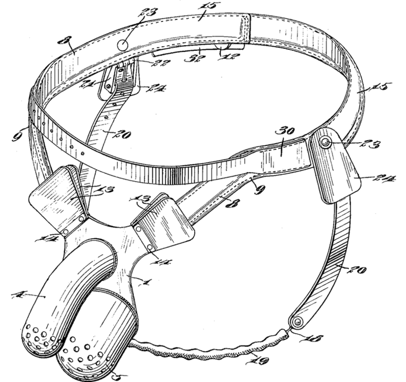 Dibujo técnico de un cinturón de castidad antimasturbación con componentes clave numerados como referencia.