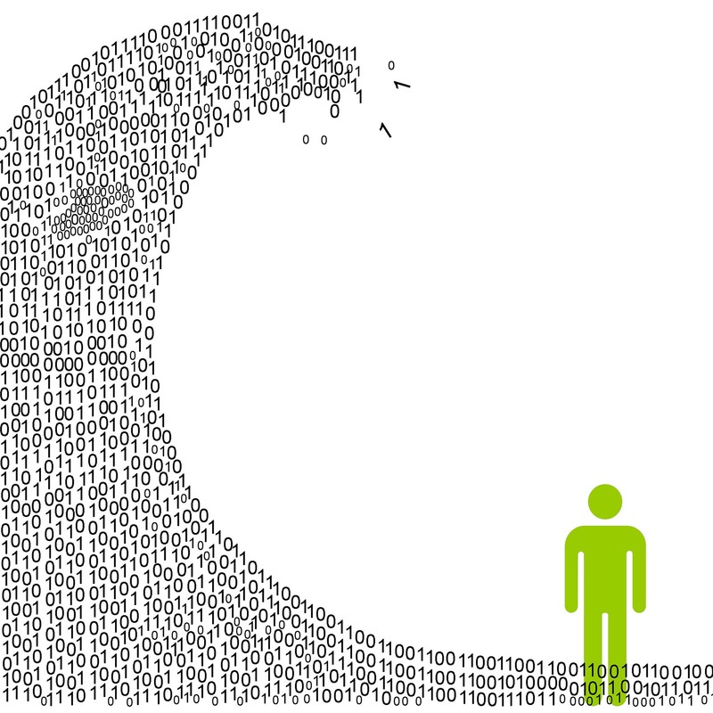 An illustration depicting a man with a digital information tidal wave of 1s and 0s about to break over his head.