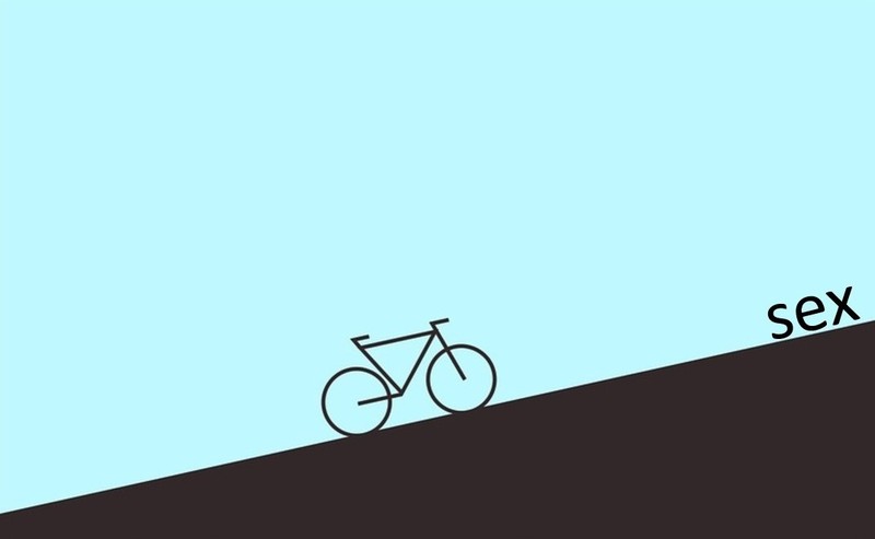 An illustration of a bicycle on an uphill climb towards the word "sex".