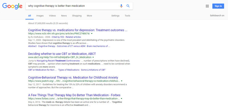 A screengrab of a Google search for "why cognitive therapy is better than medication"