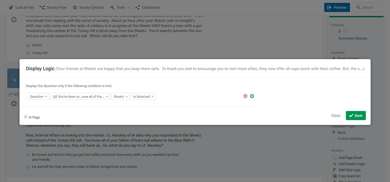 Screen capture from Qualtrics, depicting the display logic feature