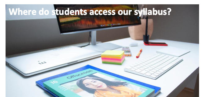 An image of a work desk with a computer and paperwork. An image caption reads: "Where do students access our syllabus?"