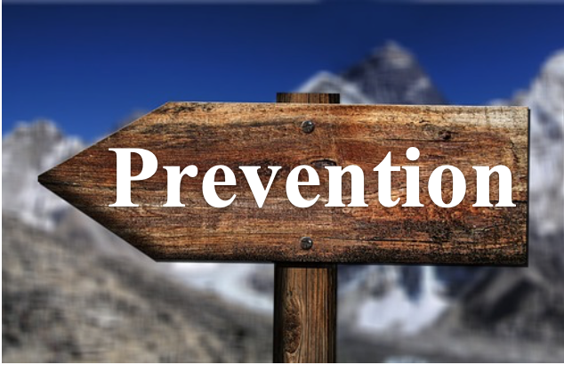 This image shows a wooden sign on a post. The sign is in the shape of an arrow pointing to the left. The word “Prevention” is visible in bold white letters on the sign. In the background, it is possible to make out the fuzzy image of large, snow-covered mountains.