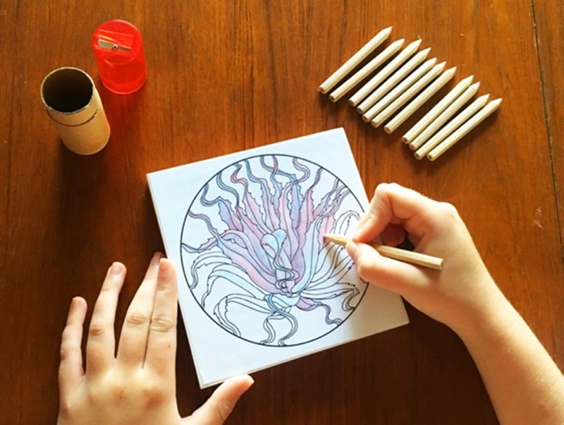 An image of a person's two hands which are holding a piece of paper and a pencil and coloring in a mandala design