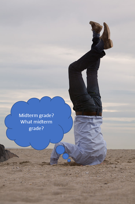 An image of a person with their head in the sand and a thought bubble by their head that reads: "Midterm grade, what midterm grade?"