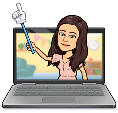A Bitmoji representation of the author - Julie Lazzara, appearing out of a laptop screen holding a stick with a glove on it waving