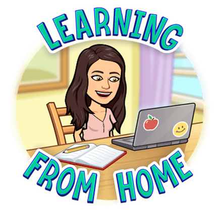A Bitmoji representation of the author - Julie Lazzara seated at a laptop with a wrap-around caption that reads: "Learning from home"