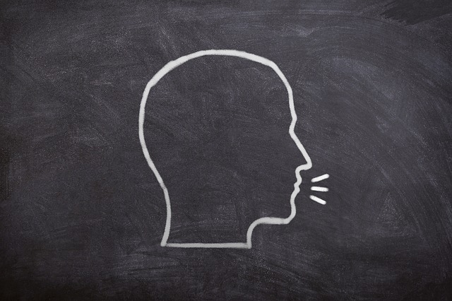 An outline of a person speaking drawn in chalk on a blackboard